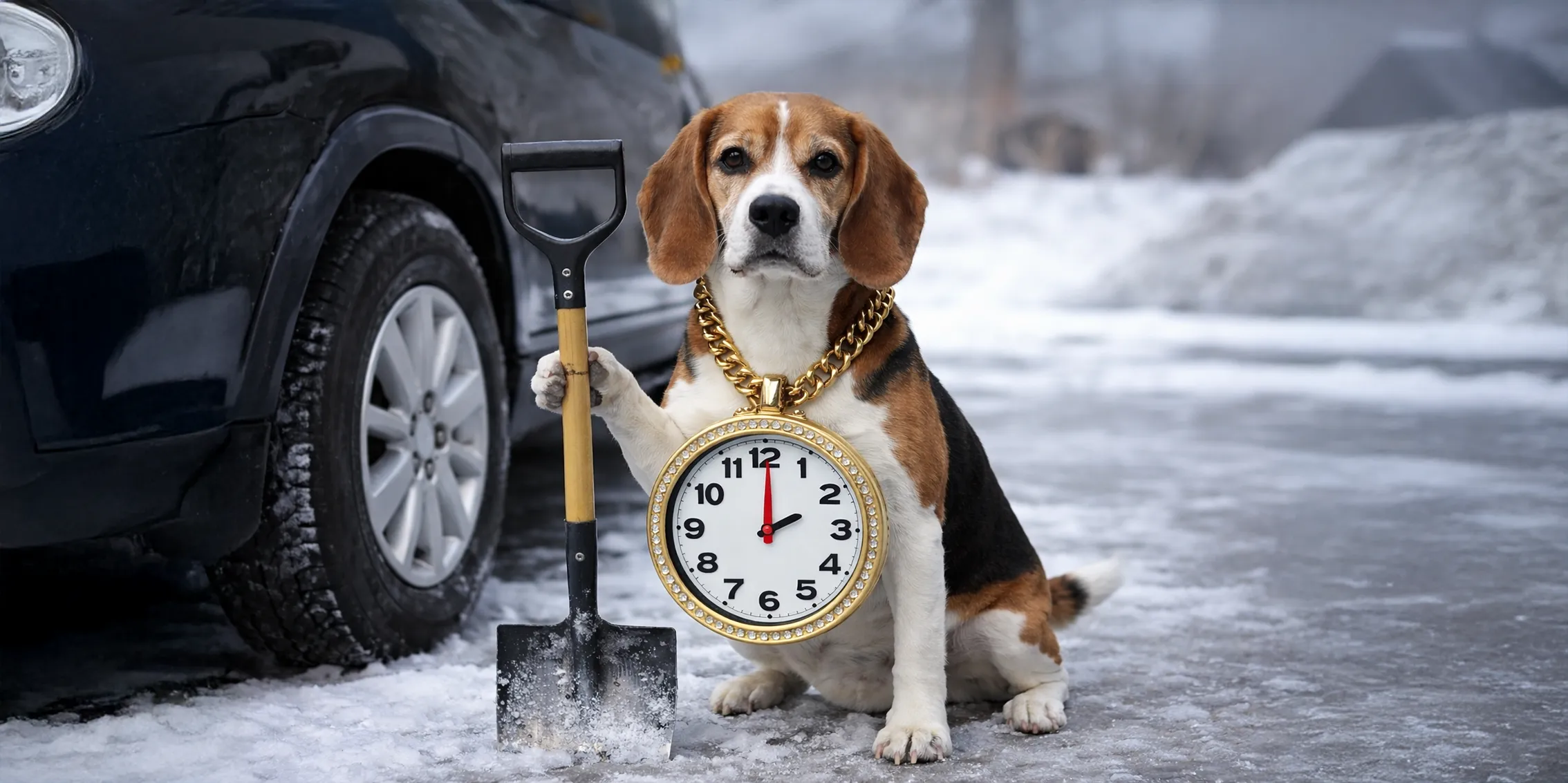 Late Notice Accident Benefits Under the SABS Beagle holding a shovel beside a parked vehicle, symbolizing late notice accident benefits under the SABS