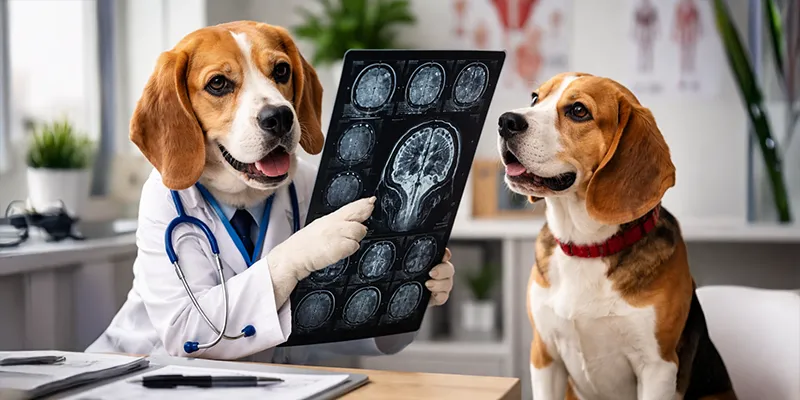 Beagle doctor reviewing brain MRI illustrating Minor Injury Guideline classification