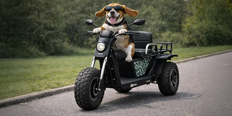 Beagle driving a Daymak Boomer Beast mobility scooter on a road