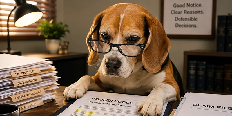 Beagle reviewing insurance notice paperwork and highlighted claims documents under the SABS after Varriano