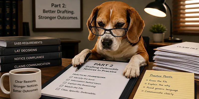 Beagle reviewing a SABS denial notice and accident benefits claim file while drafting defensible insurer communications.