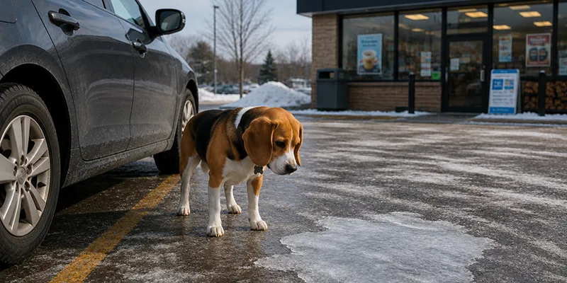 Beagle standing beside a parked car on an icy parking lot, illustrating a dispute involving SABS deductions and occupiers’ liability.