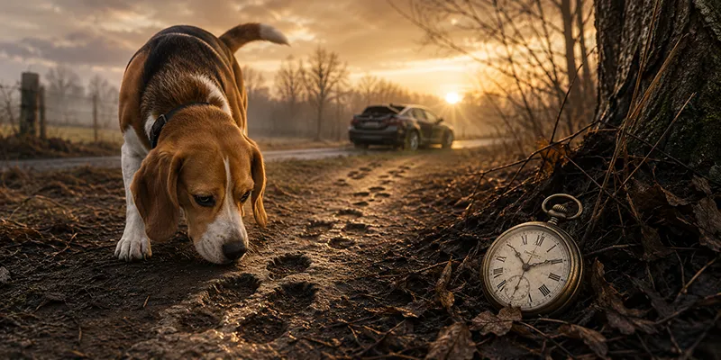 Beagle following a trail of footprints beside an antique pocket watch, symbolizing discoverability and limitation periods in Lloyd v. Baker.
