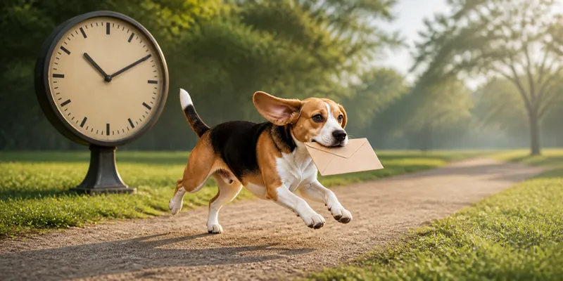 Beagle racing with an envelope beside a clock, representing the deadline to dispute an insurer’s denial notice