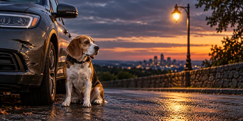 Jakupovic v. Intact – SABS Notice Requirements Beagle beside a damaged vehicle at dusk, illustrating SABS notice requirements in Jakupovic v. Intact